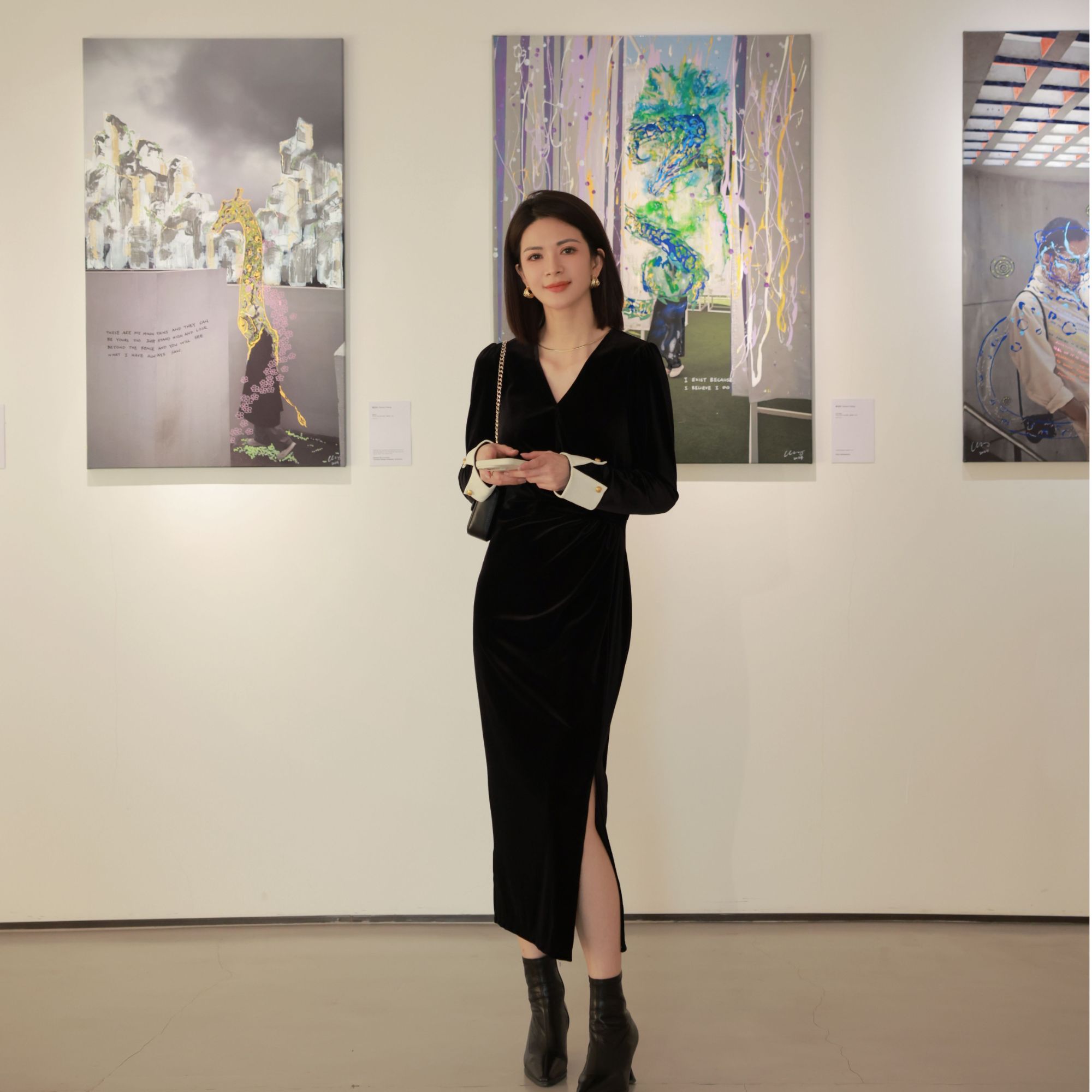 ANGELIAORIGINAL智性美学 丝绒撞色袖口V领显瘦气质连衣裙#178