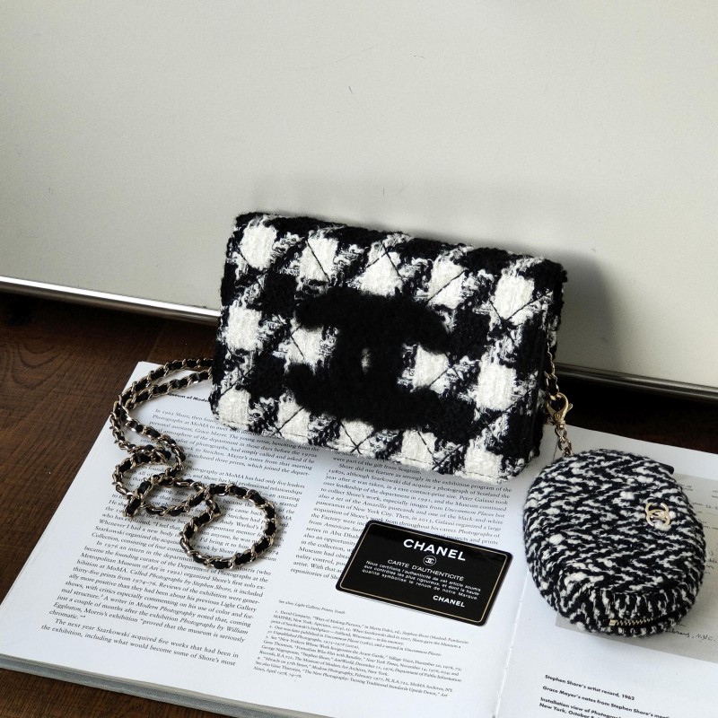 95新 Chanel/香奈儿 黑白毛呢大双C千鸟格双子星woc斜挎包52226