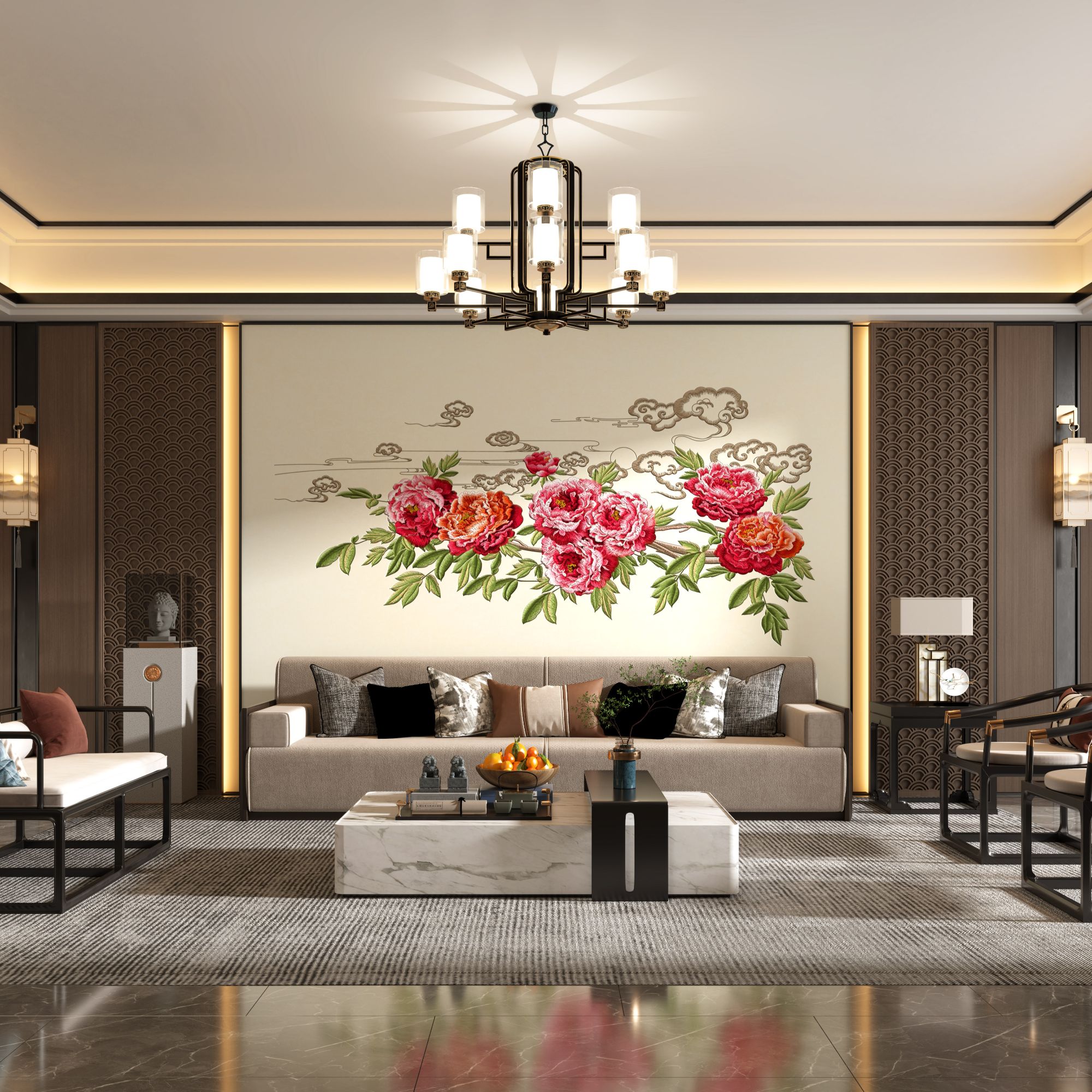 拾光美学 国色天香 新中式高端独绣刺绣壁布沙发电视卧室背景墙