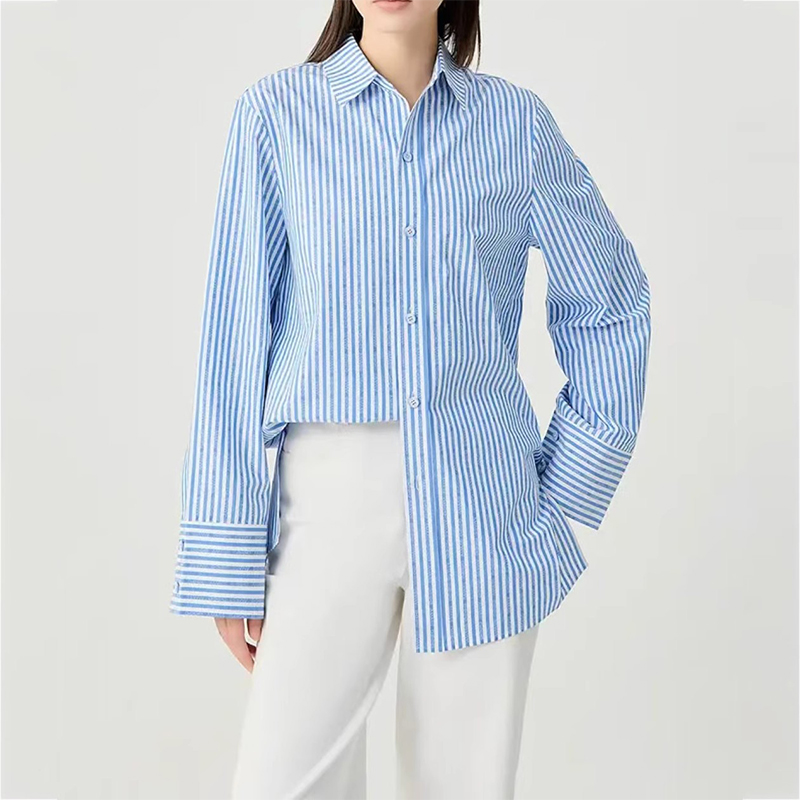 商场同款2025春秋季新款时尚百搭宽松翻领条纹长袖衬衫5301070