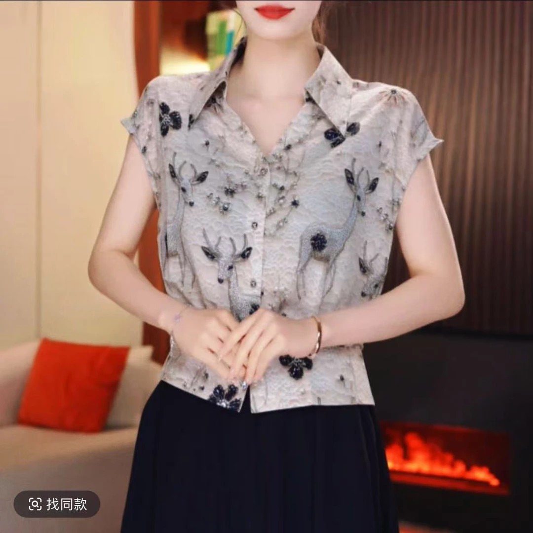 新款洋气短袖V领衬衫女夏季高级感气质减龄显瘦印花上衣