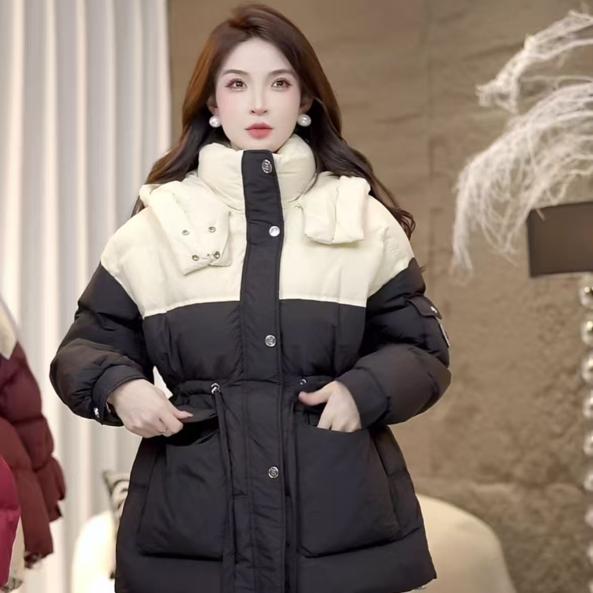 潮流【88768-晴福】中长款羽绒服韩版连帽外套女士百搭保暖冬季