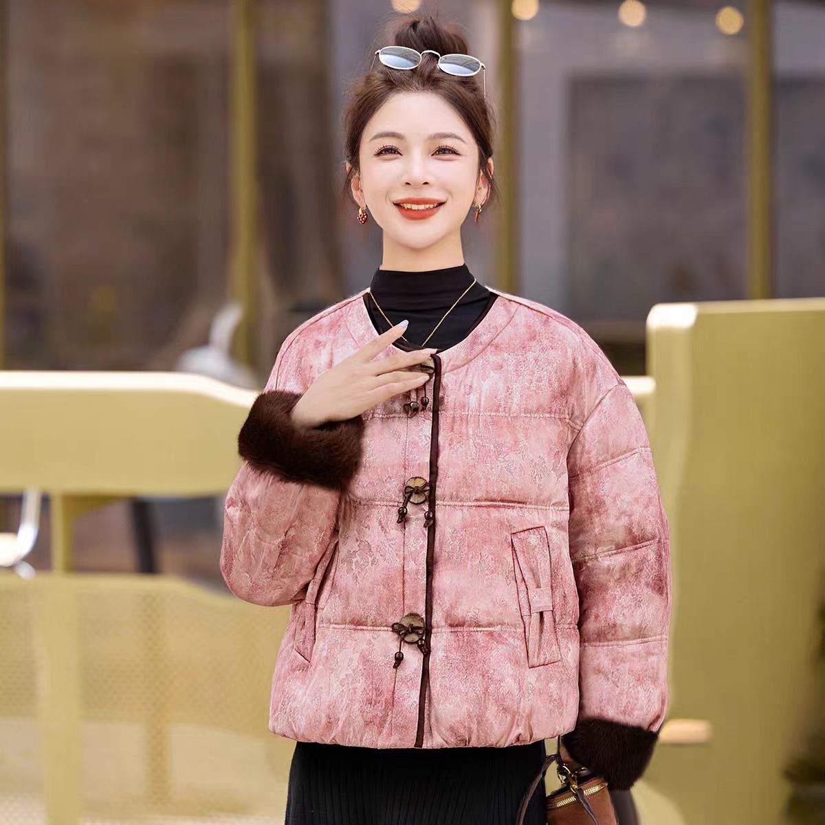 年货节2025年秋冬新款仿水貂袖新中式羽绒服国风中式秋冬季百搭