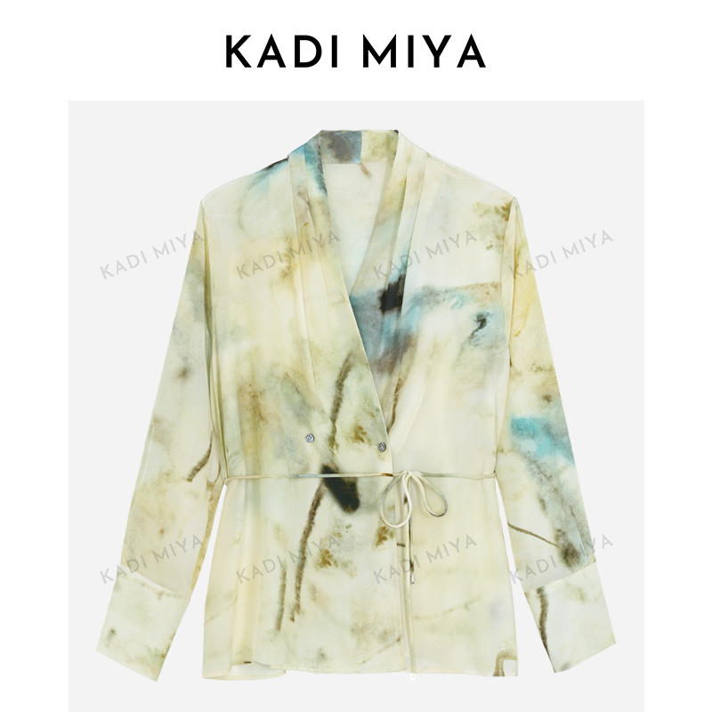KADIMIYA“云墨烟雨”水墨晕染桑蚕丝衬衫新中式收腰女士衬衣