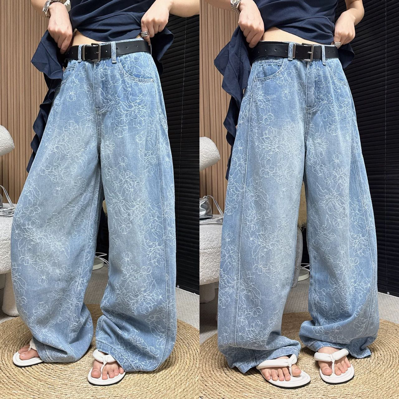 复古高腰提花阔腿显瘦直筒牛仔裤女夏季新款薄款设计感