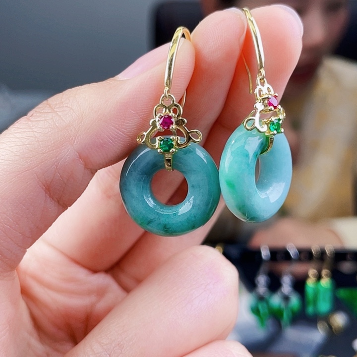 翡翠耳饰银S925镶嵌饰品