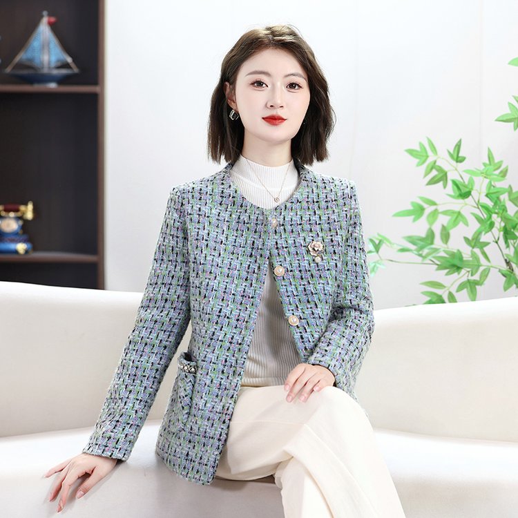 女显瘦格子条纹圆领纽扣短外套秋装春秋西服秋冬短款