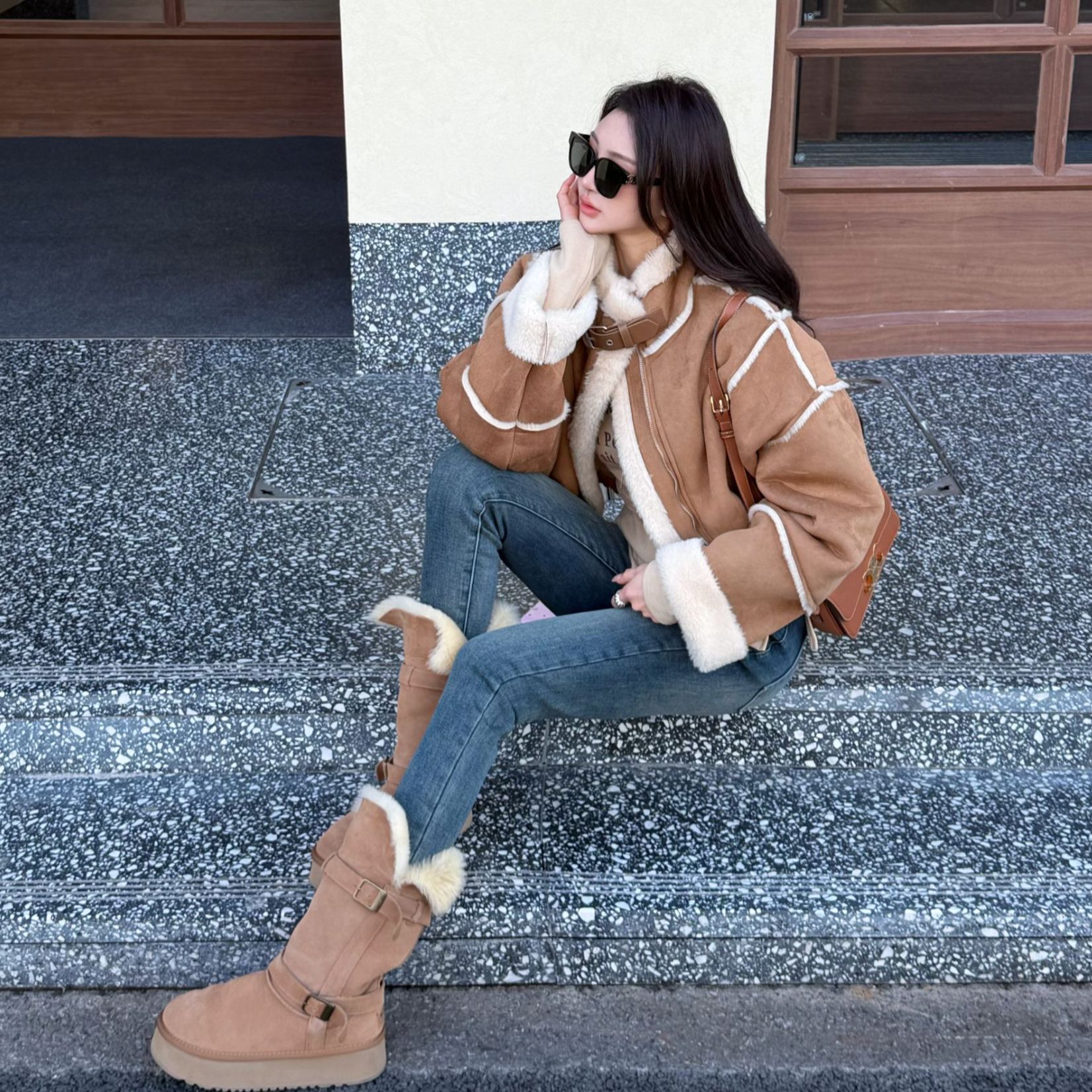 【YKL】一忘皆空 拼接小立领毛毛外套字母斜边长袖打底