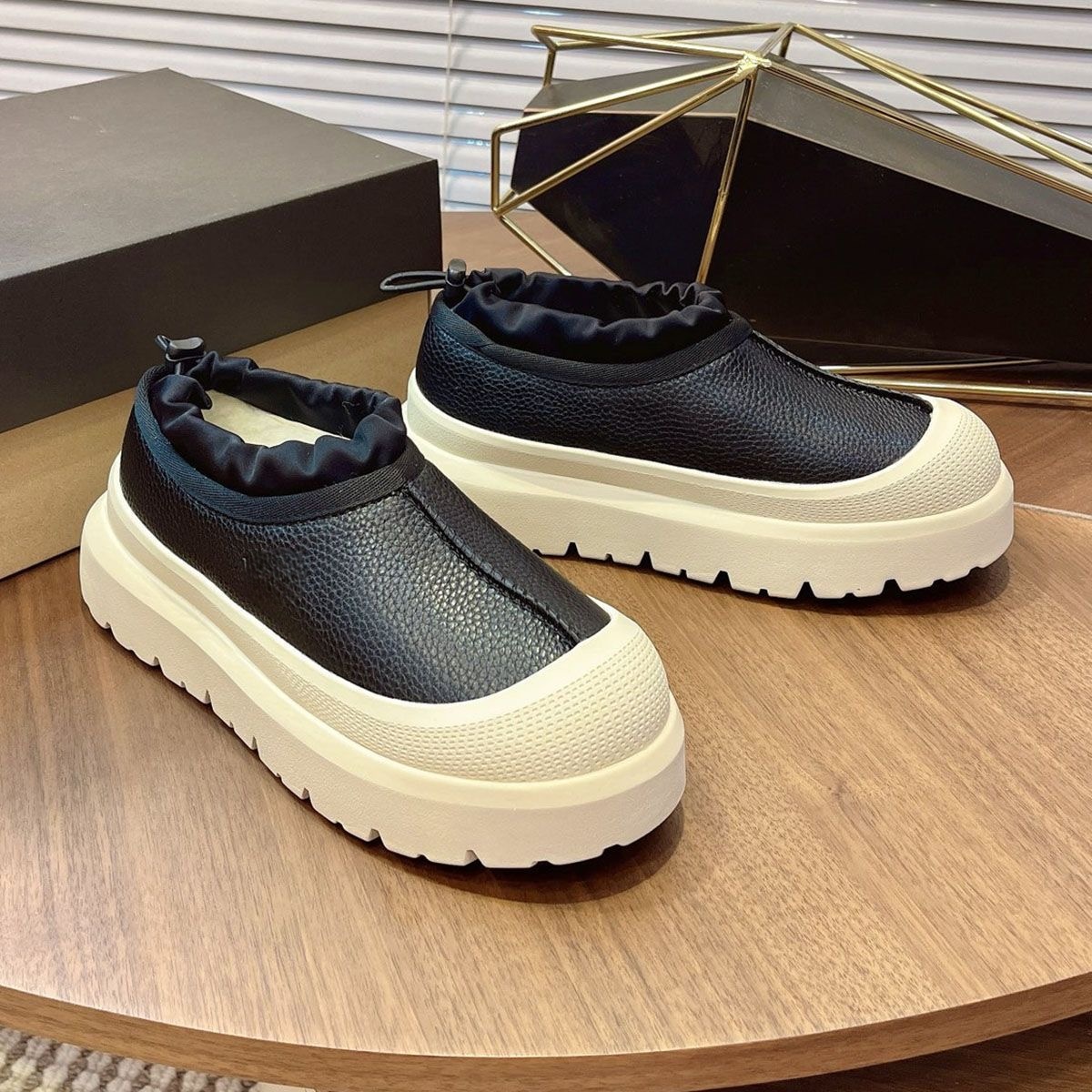 羊皮毛一体光面厚底【黑色皮面】男女同款雪地靴