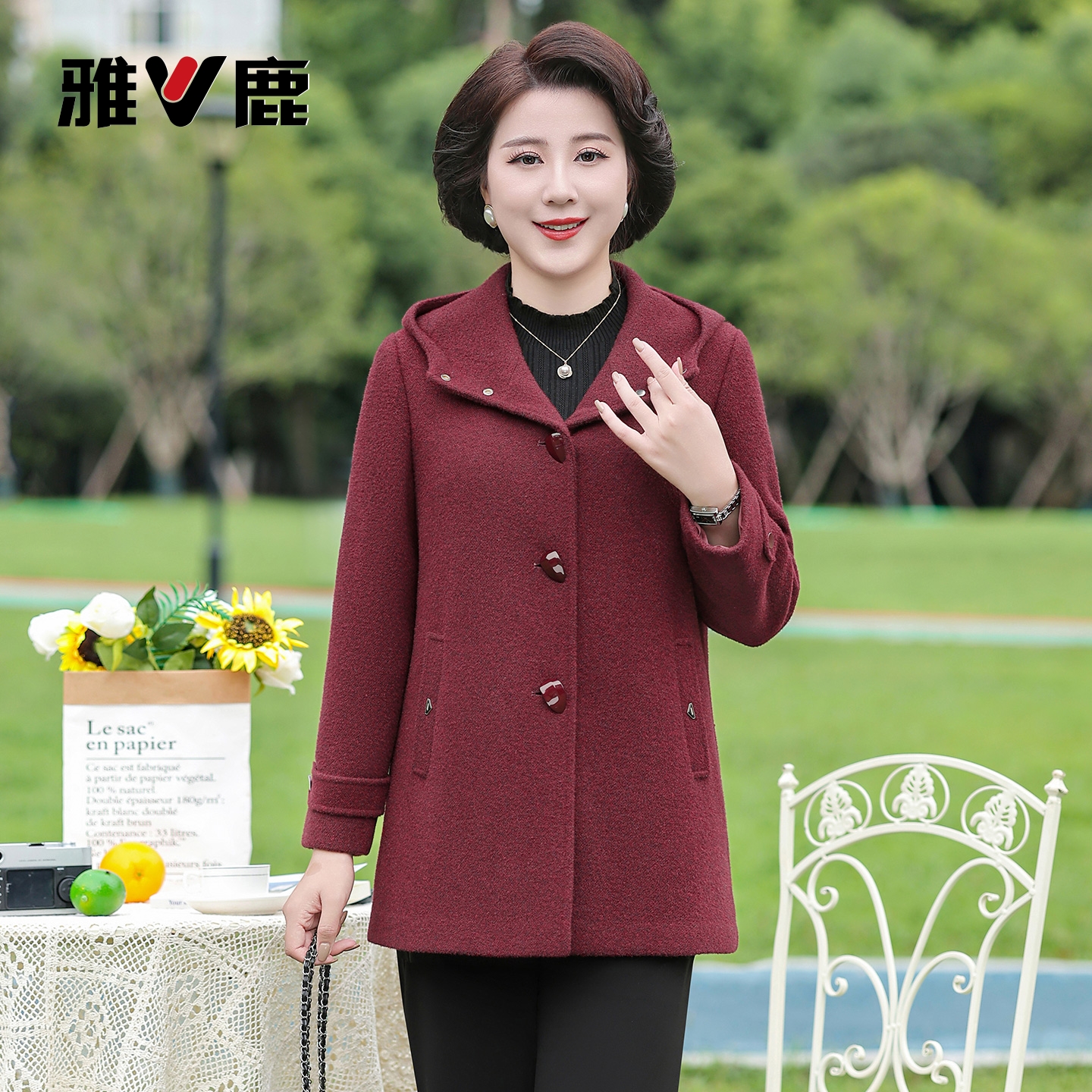 雅鹿秋冬气质妈妈装中长款洋气中老年宽松大码毛呢大衣D26805B