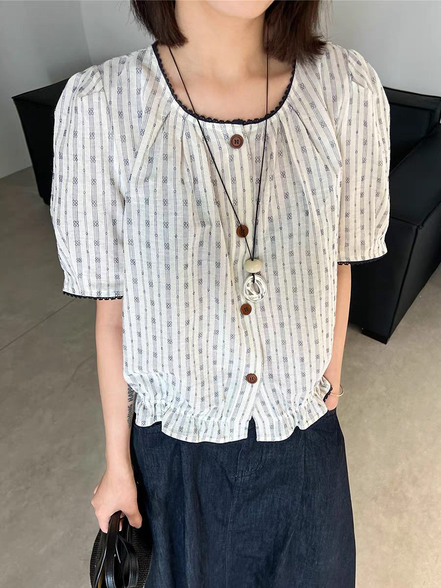 泡泡袖圆领夏季条纹花朵短袖衬衫褶皱宽松上衣8696