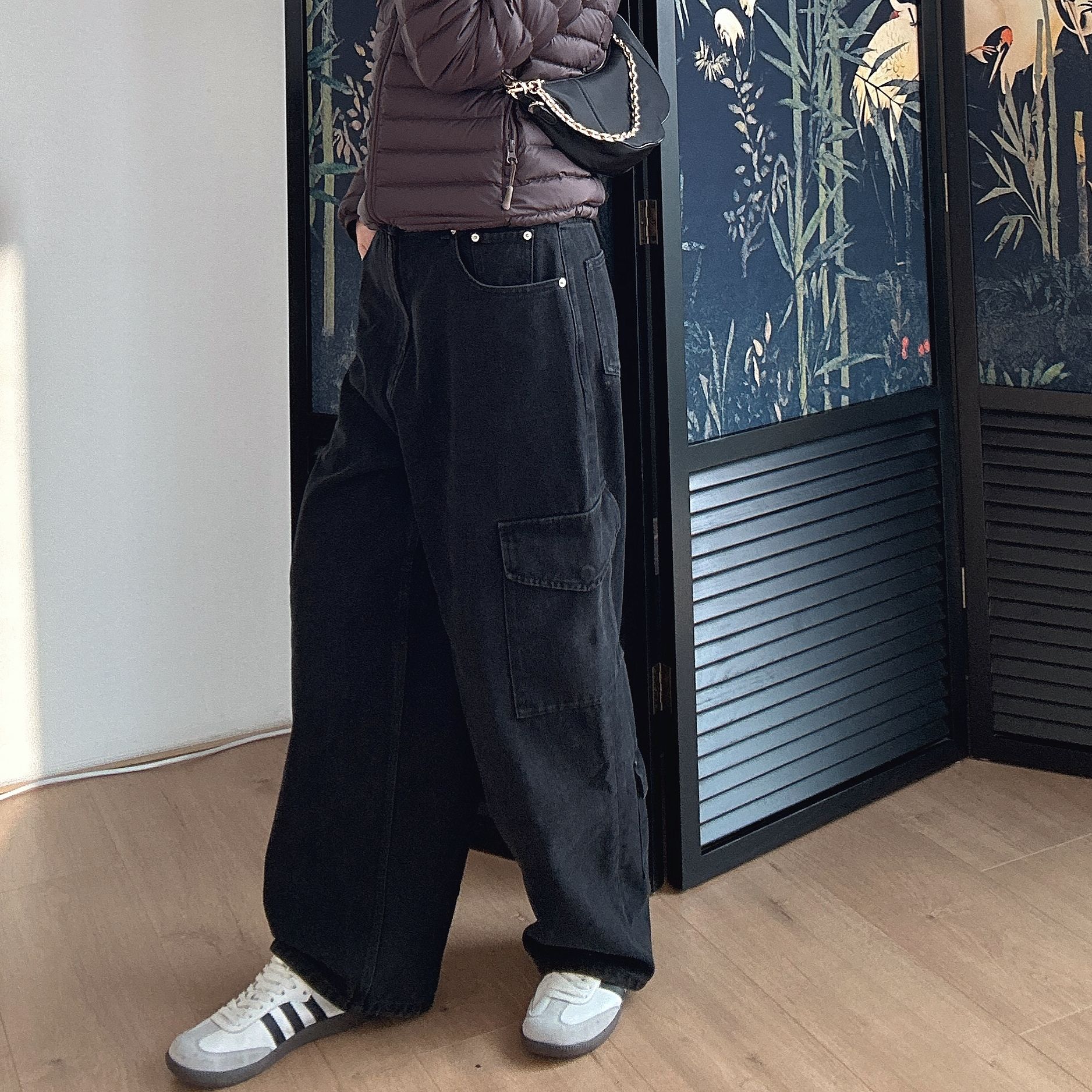 Without Memory 大大推荐 黑色复古时尚工装直筒牛仔裤WF250NZK