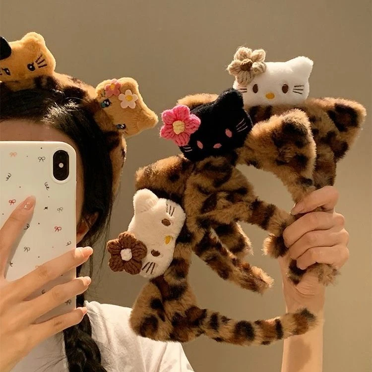 可爱猫咪酱~黑皮Kitty猫耳朵豹纹毛绒发箍女洗脸化妆头箍卡通发饰