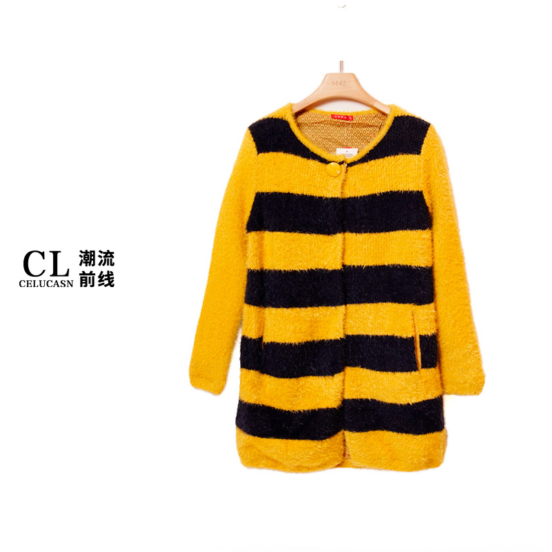 L4RB60772#中长款小清新糖果色条纹修身外套毛衣上衣女