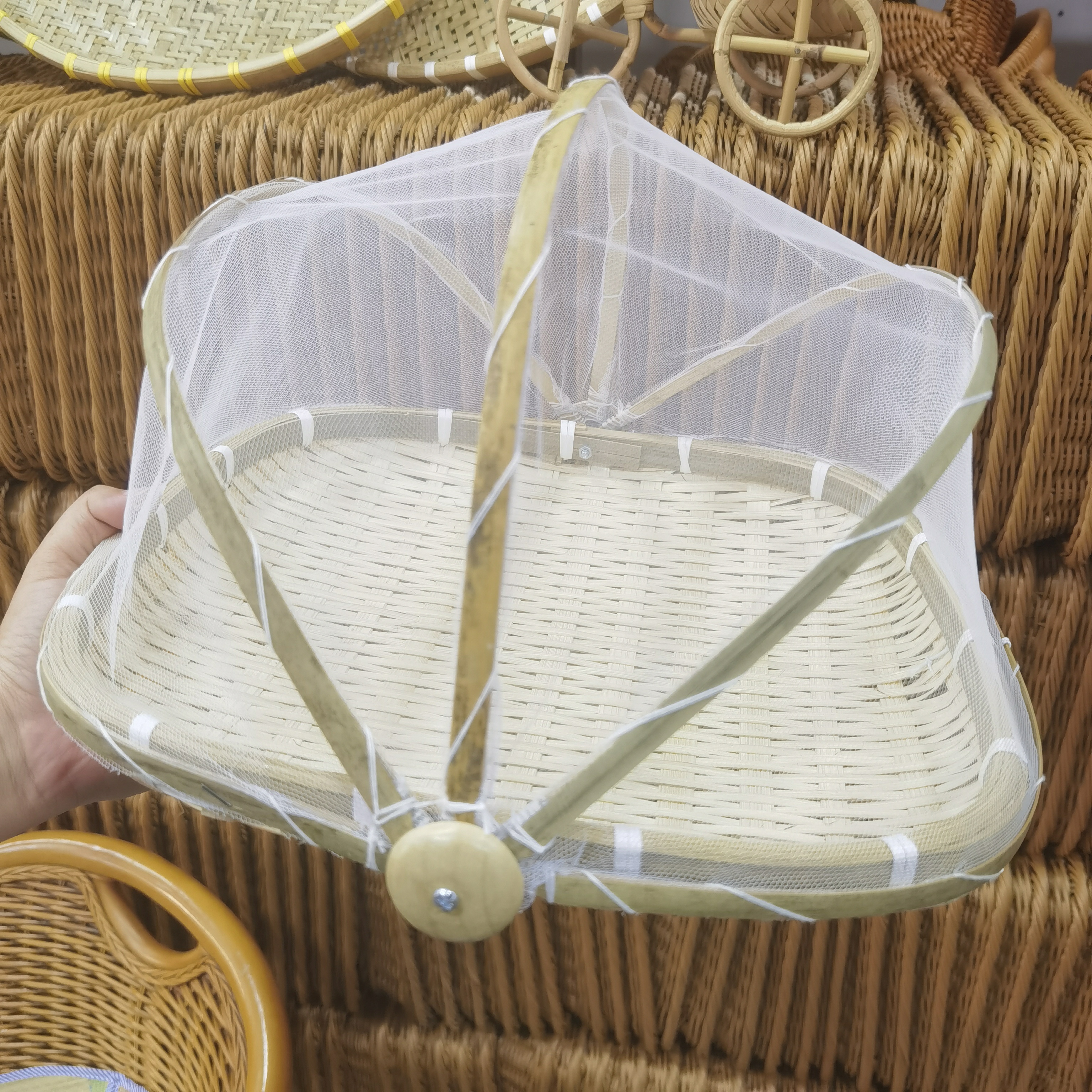 W71 方形（带网纱盖）大号35公分竹编平底簸箕手工编织竹晒筐收纳篮