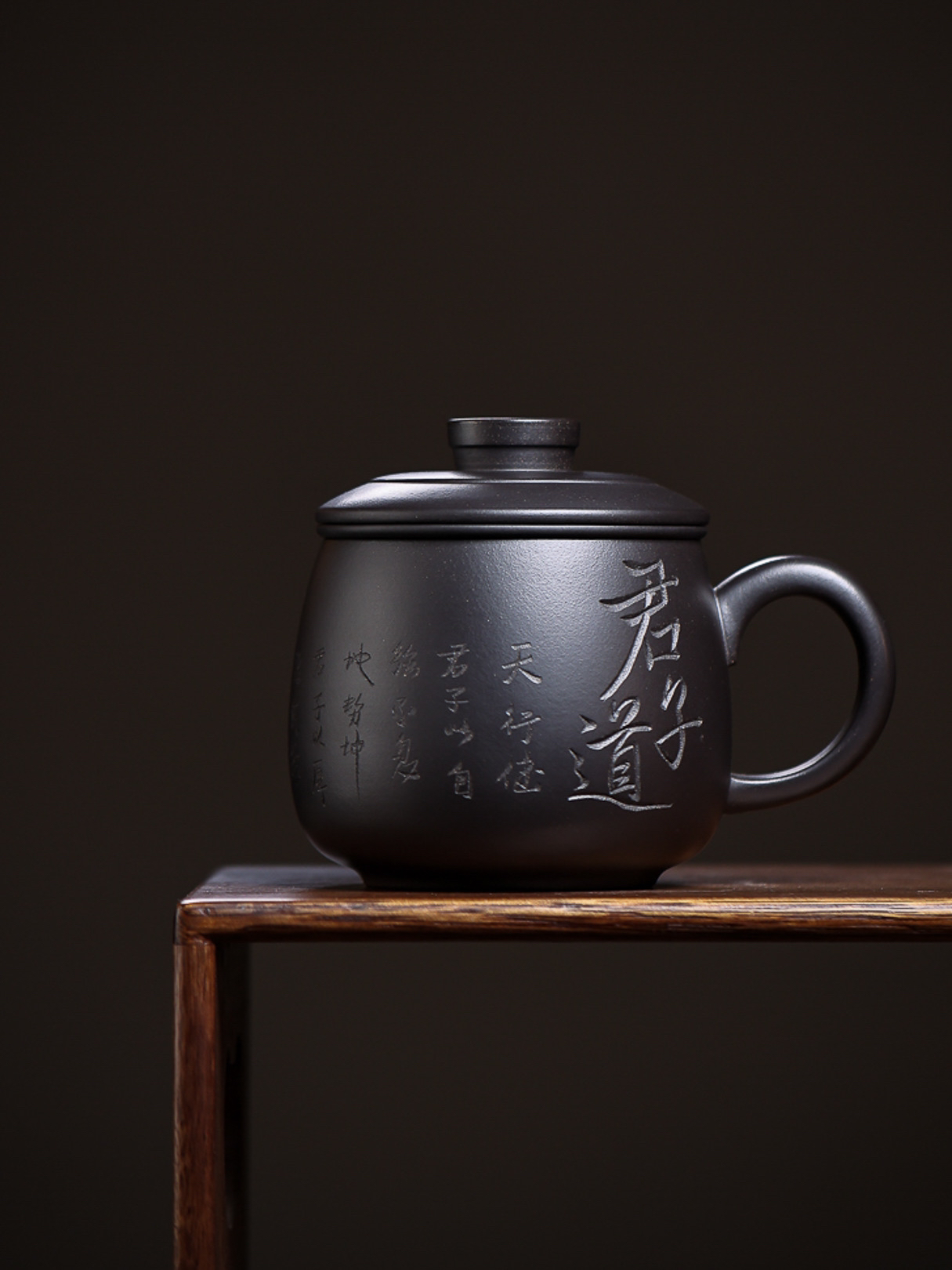 宜兴原矿紫砂玄铁刻绘君子道三件套茶杯纯手工大容量高档盖杯