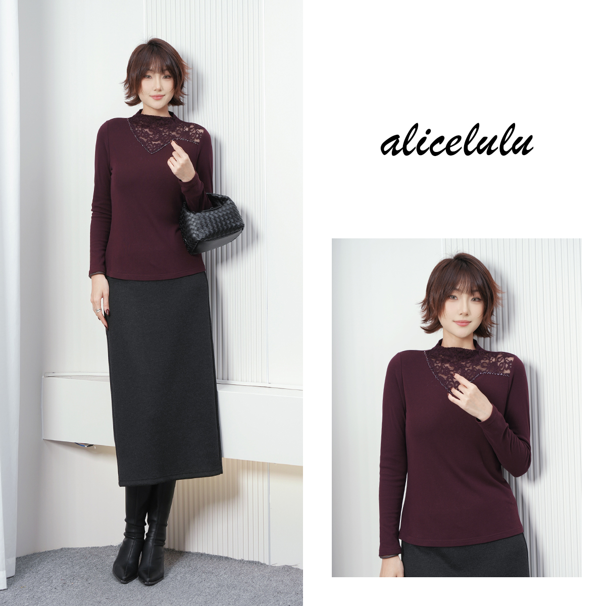 alicelulu‘小蕾丝’设计师款烫钻蕾丝修身上衣S2145708E