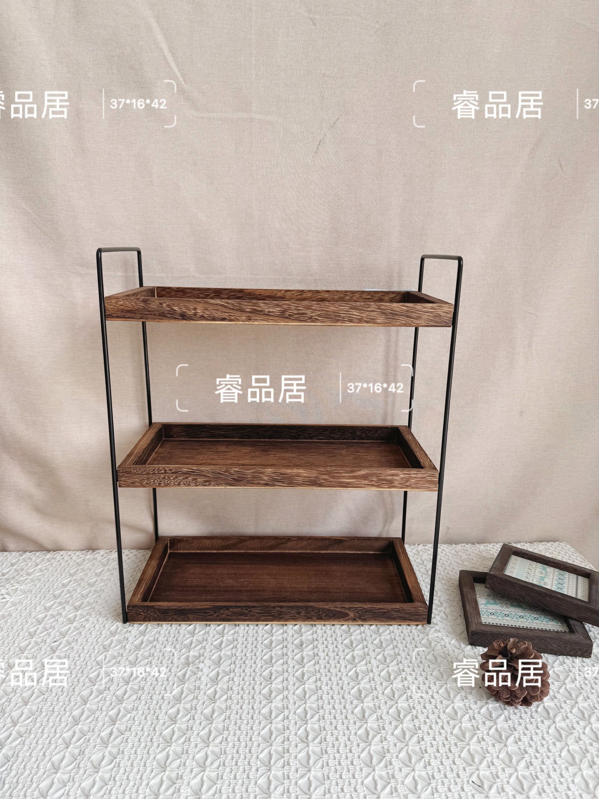 三层置物可移动欧式收纳箱客厅北欧家用长方形重烤色134