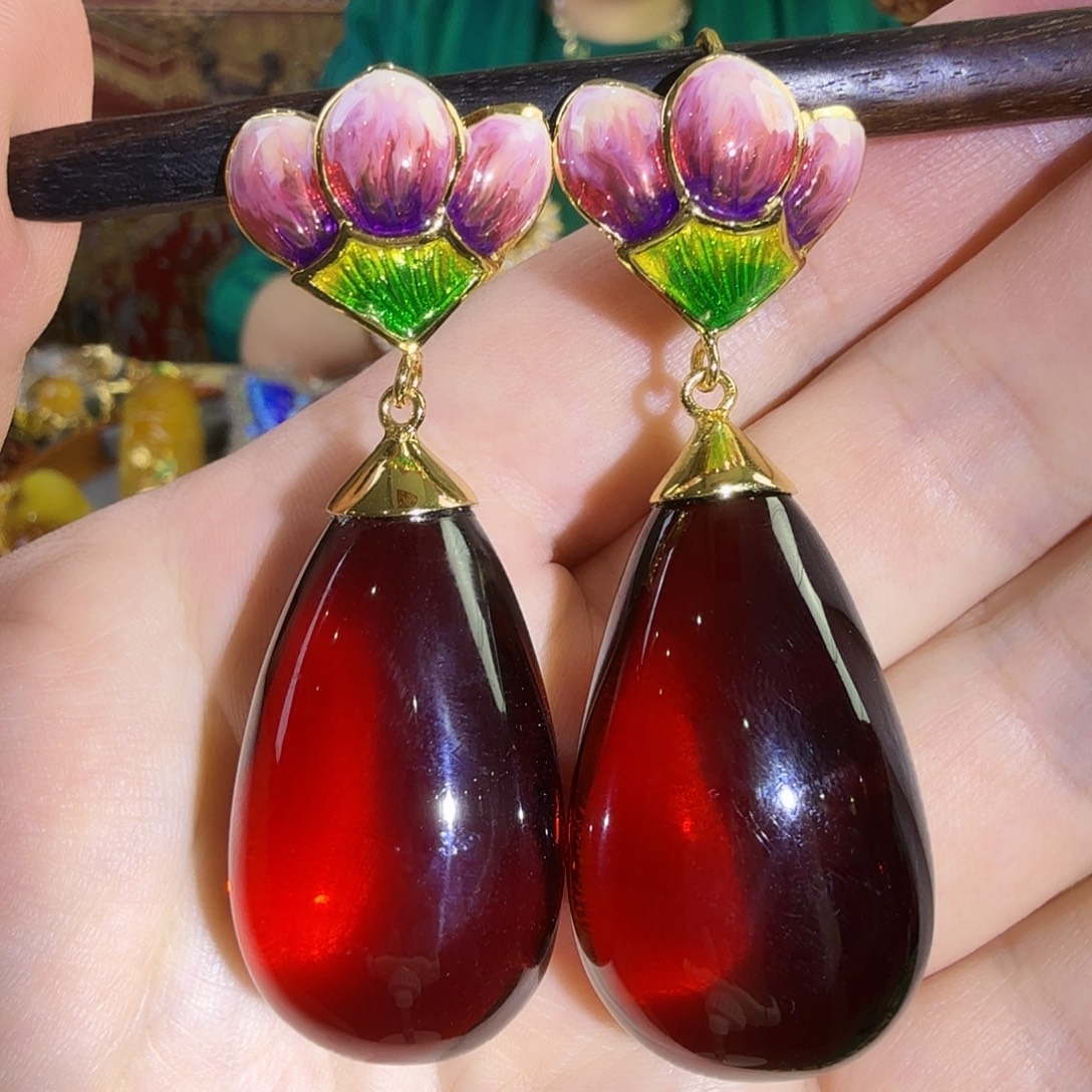 血珀银S925镀金镶嵌耳环