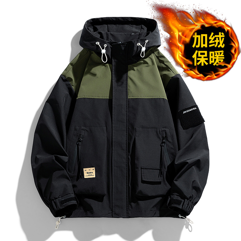 青年帅气百搭宽松休闲拼色多口袋夹克情侣连帽外套春秋季新款潮牌
