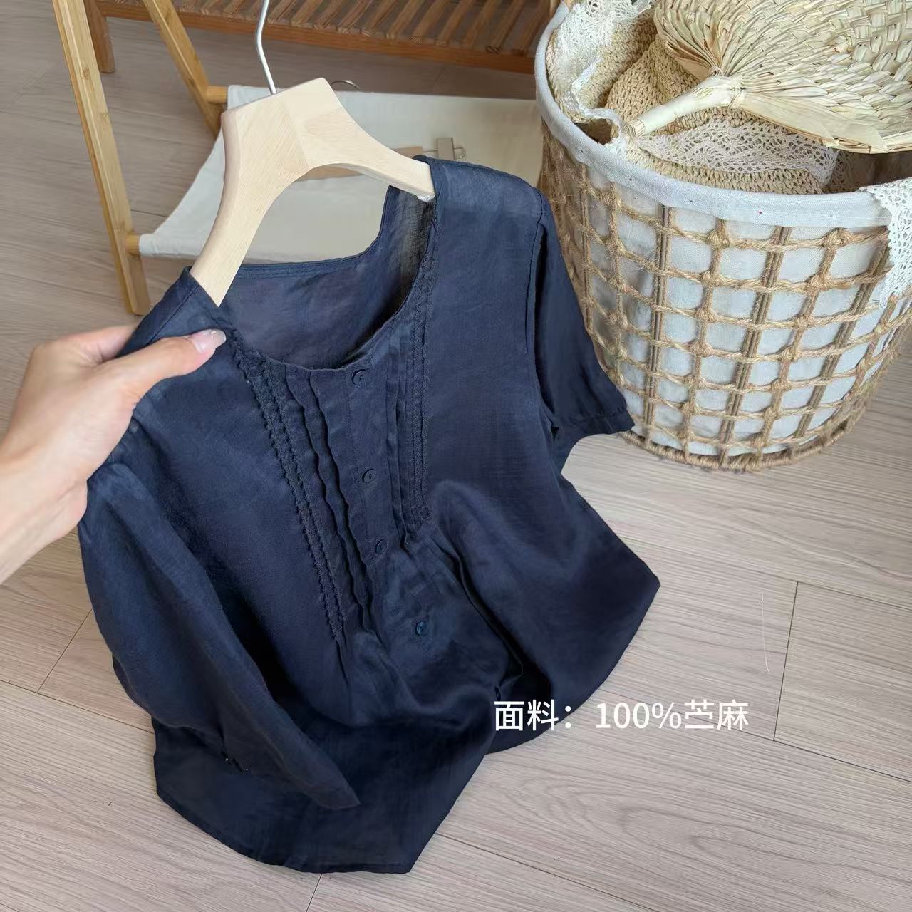 小柒家A0416-法式薄款蕾丝上衣轻奢高级感中袖藏青色衬衫