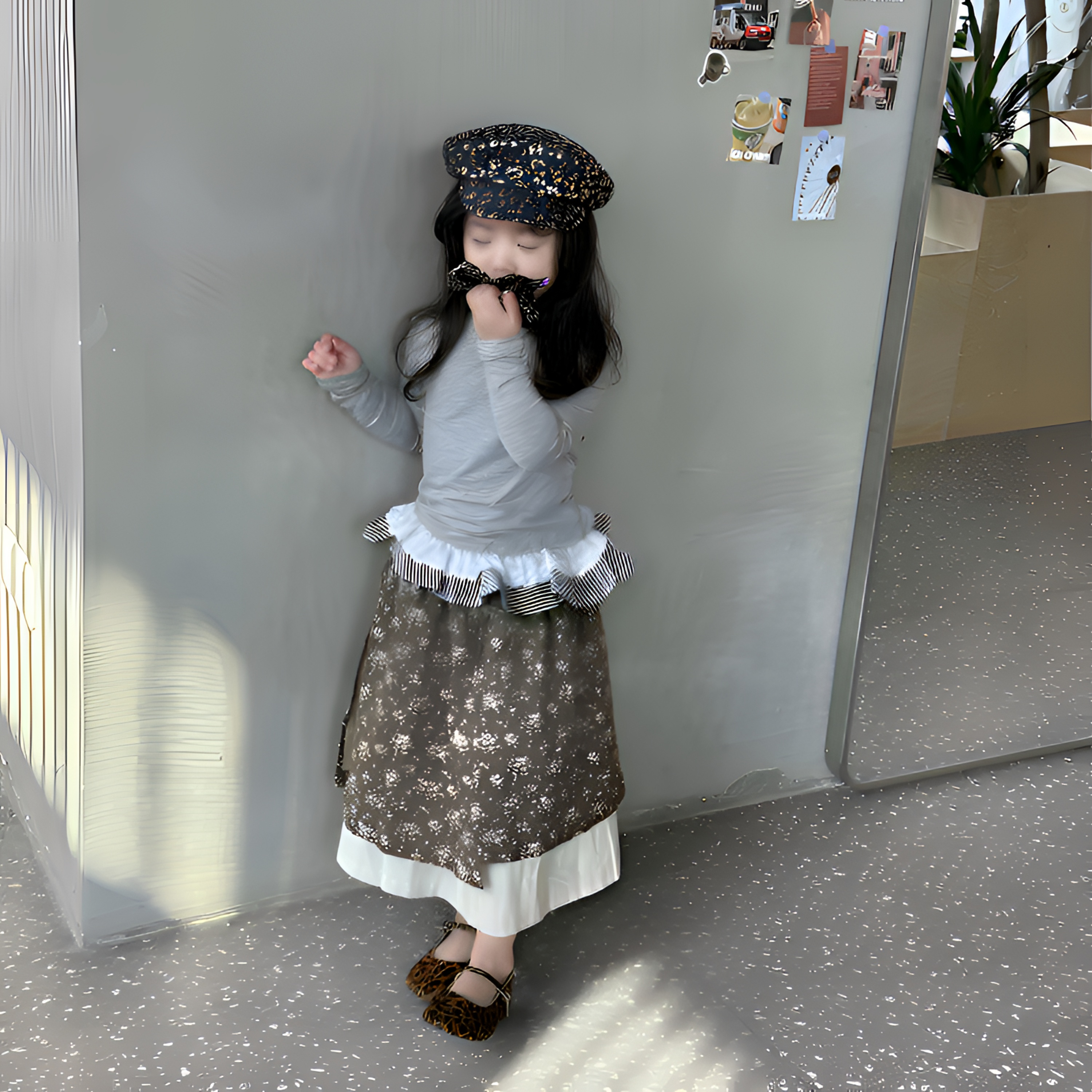 韩版女童套装2025春秋新款儿童灰色上衣碎花半身裙两件套森系穿搭