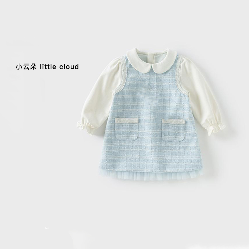 【小欧尼】戴家儿童春款上新女童拼接蓝色香风连衣裙公主甜美裙