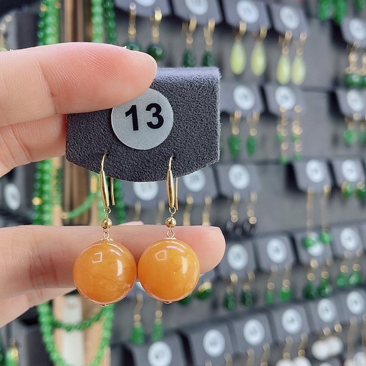 蜜蜡18K金镶嵌耳饰