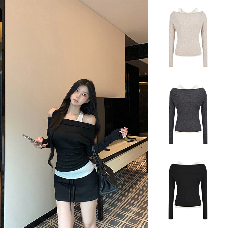 Moses Queen/魔西女王黑色撞色假两件一字领长袖T恤性感显瘦上衣