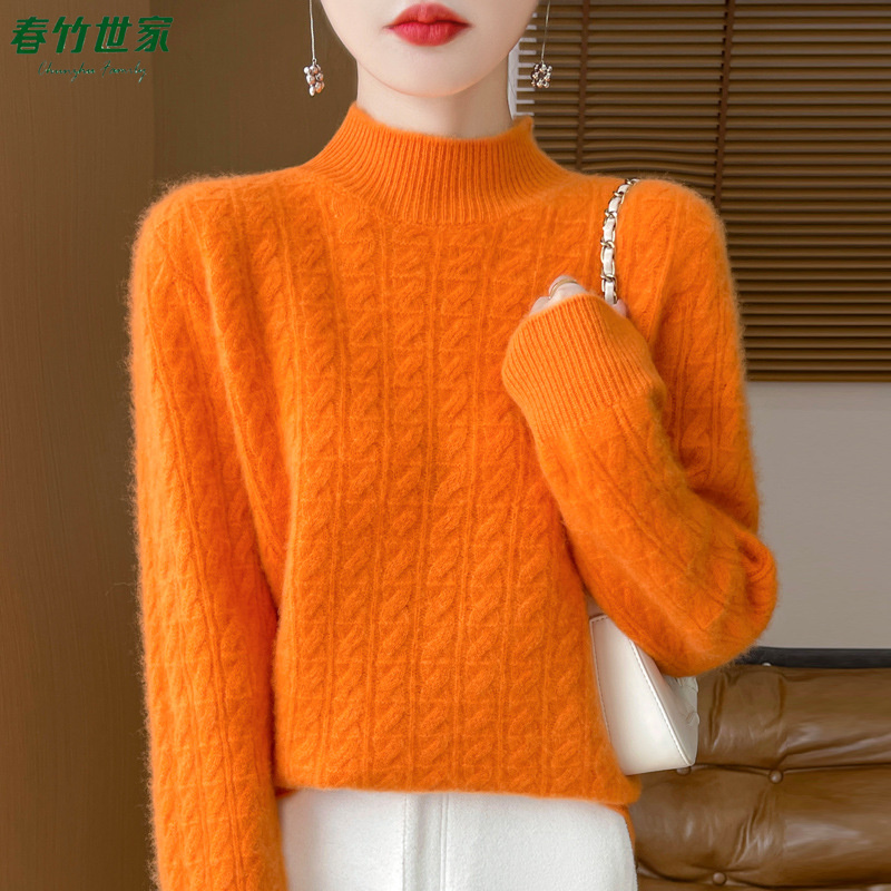春竹世家麻花设计长袖针织羊毛衫韩版宽松时尚洋气百搭减龄打底衫