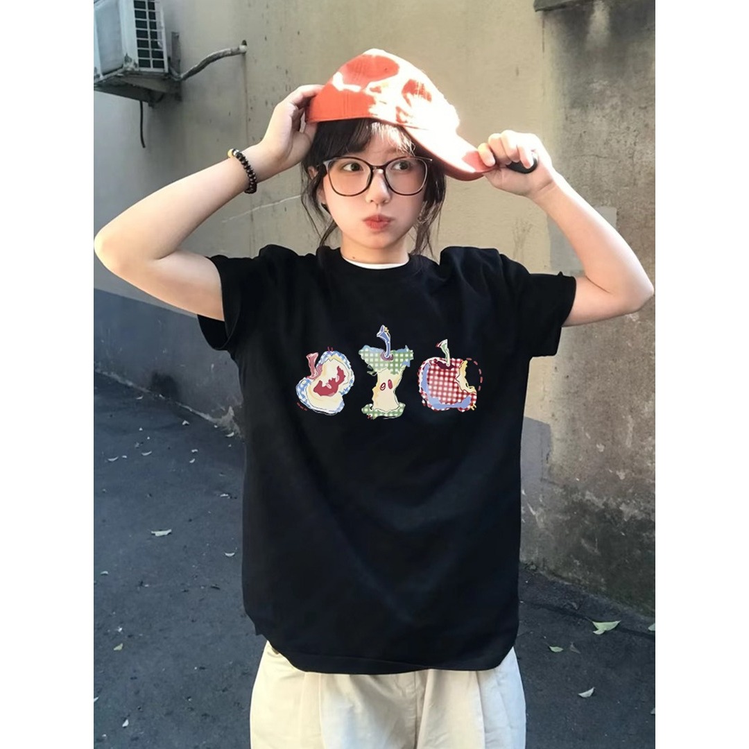 学院风穿搭短袖t恤女美式复古多巴胺苹果印花设计感夏季上衣洋气