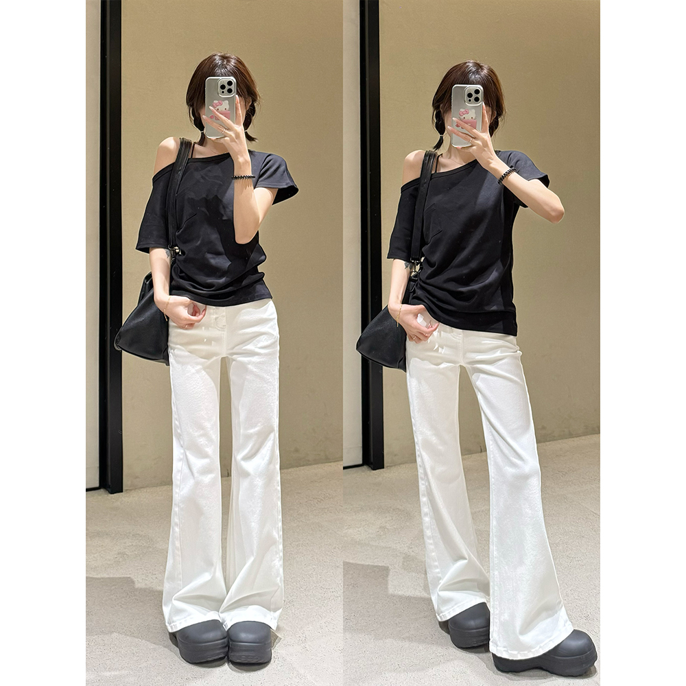 自然腰高腰显瘦时尚白色牛仔裤83128