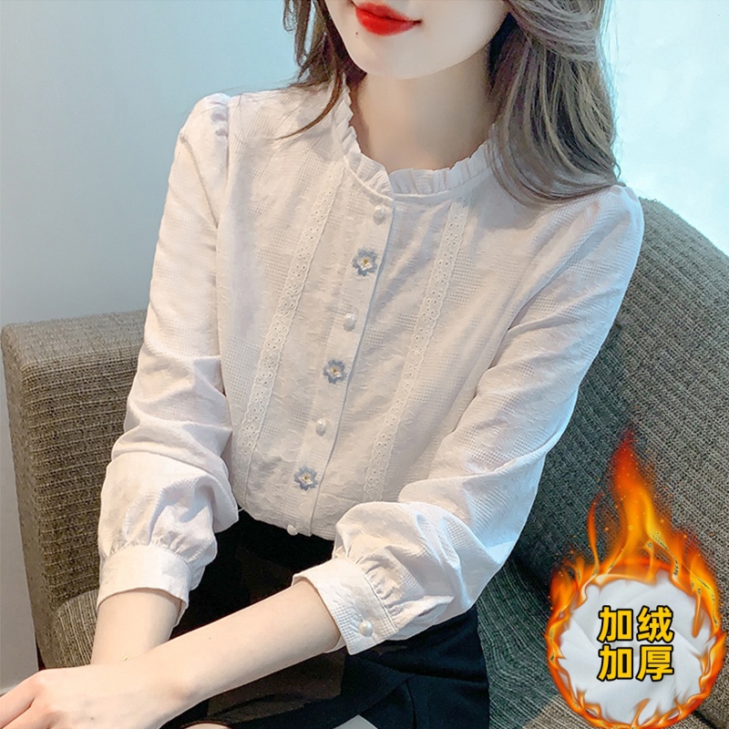 纯棉刺绣长袖衬衫女春秋装2025年新款宽松百搭遮肚子衬衣全棉上衣