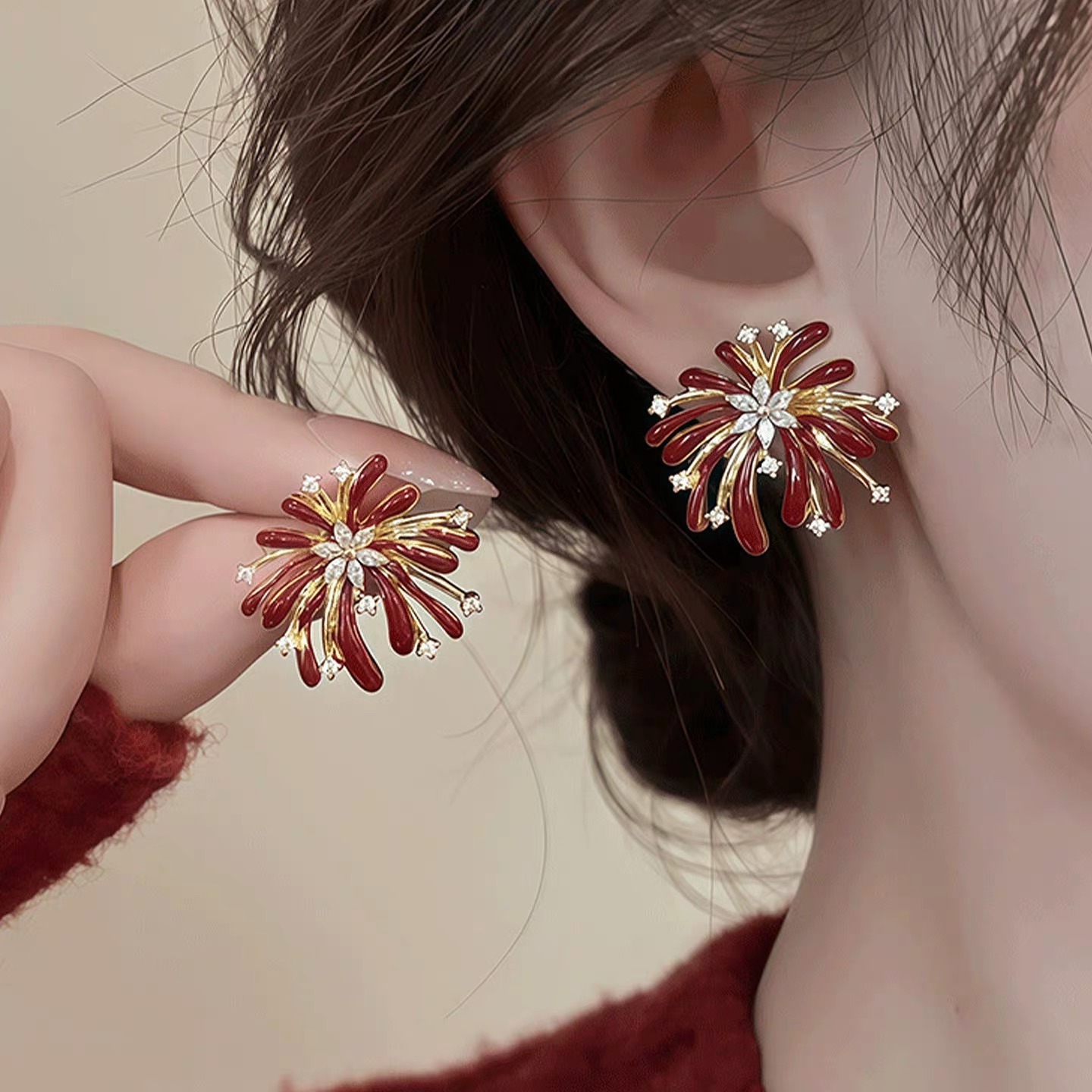 铜合金合成锆石耳饰 红色烟花气质轻奢时尚百搭耳钉