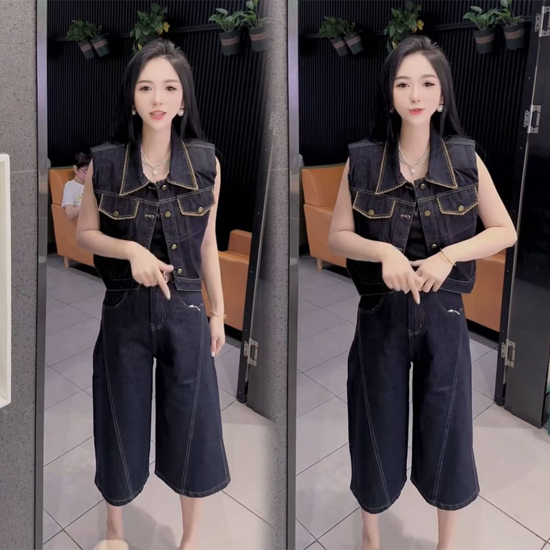 2025早秋季阔腿裤高腰洋气欧货普洗蓝两件套无袖马甲牛仔套装女潮