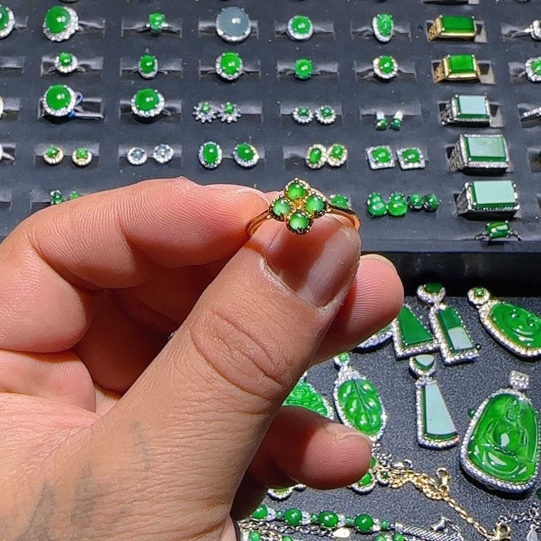 翡翠银S925镀金镶嵌戒指