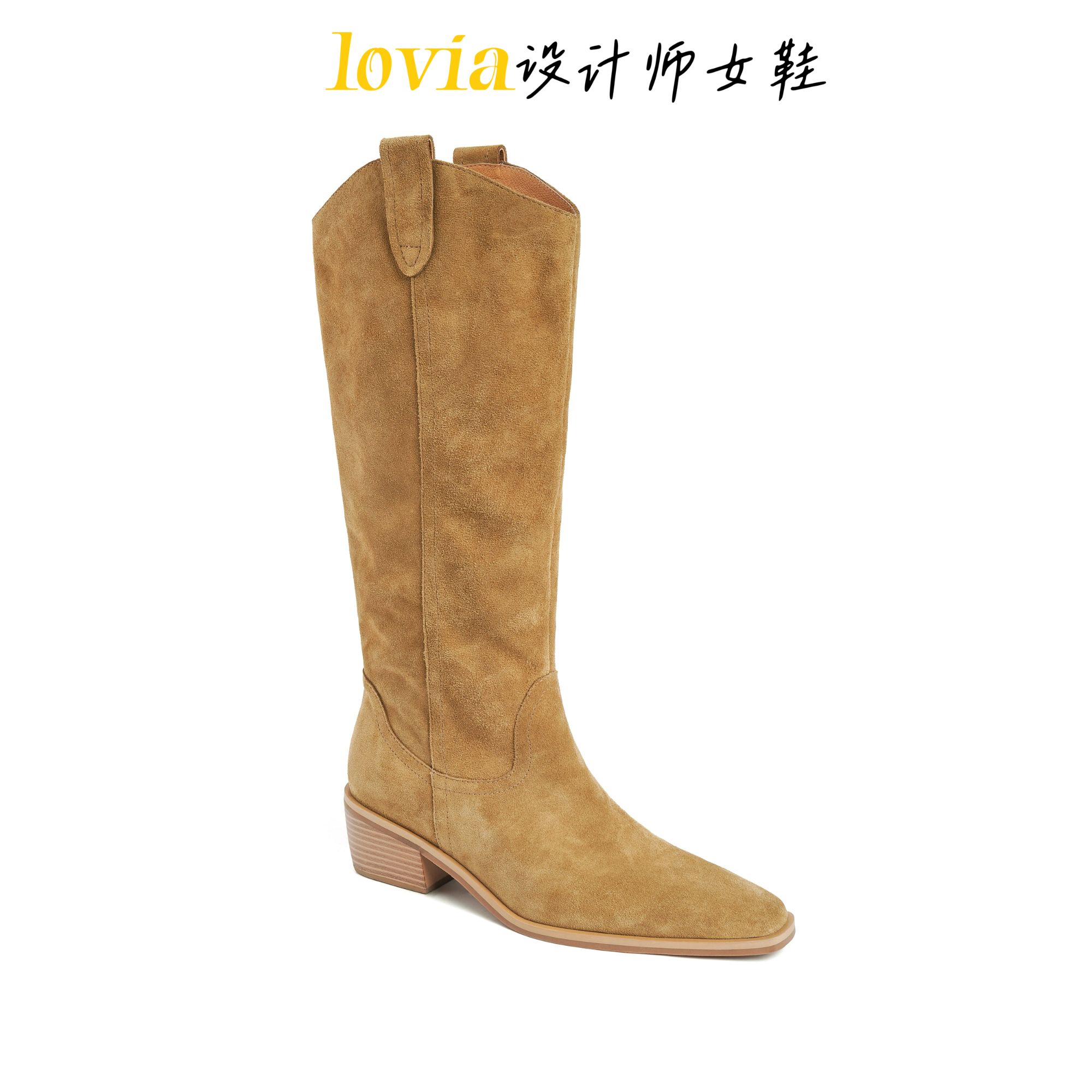 【lovia】牛反绒/5cm/时装靴西部靴绒面高筒靴女靴女鞋冬季长靴长筒