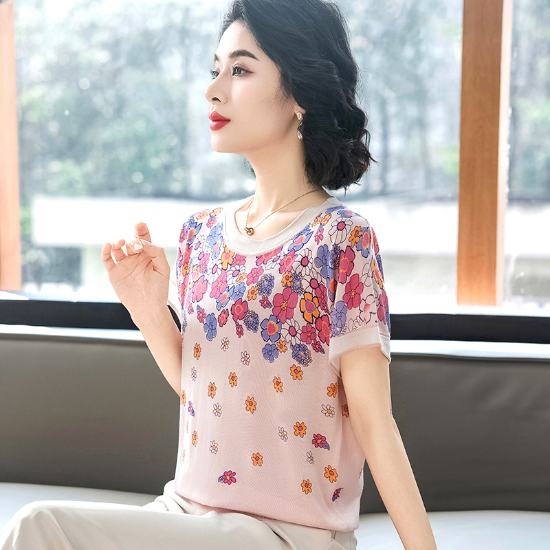 妈妈装2025年夏季新款印花短袖百搭冰丝上衣中老年人女士夏装T恤