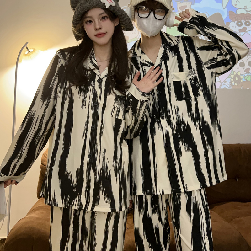 情侣款高级感条纹睡衣女春秋季长袖长裤两件套宽松大码家居服