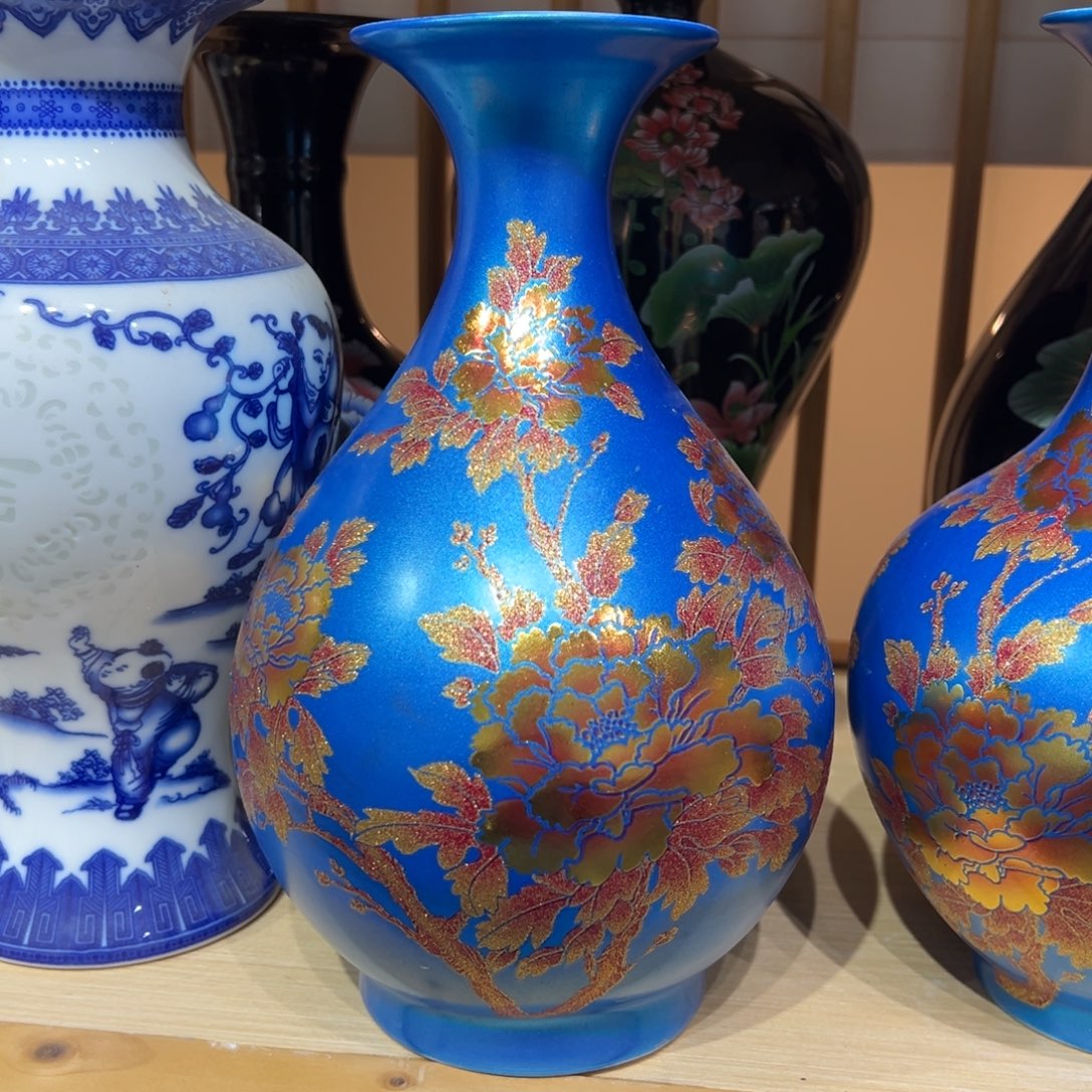 陶摆件22cm蓝色花开富贵玉壶春瓶