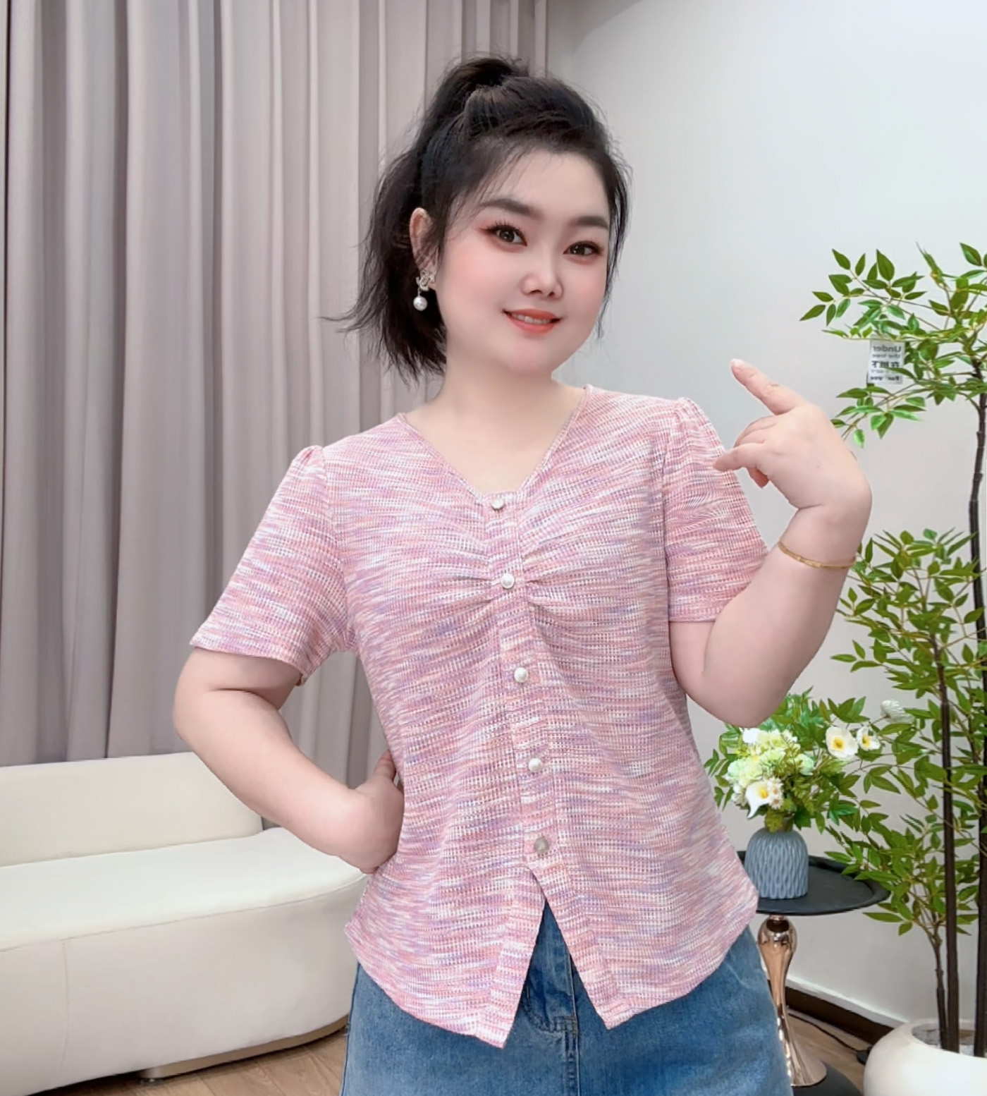 2025夏装新款胖mm大码女别致针织彩棉花纱不规则短袖T恤