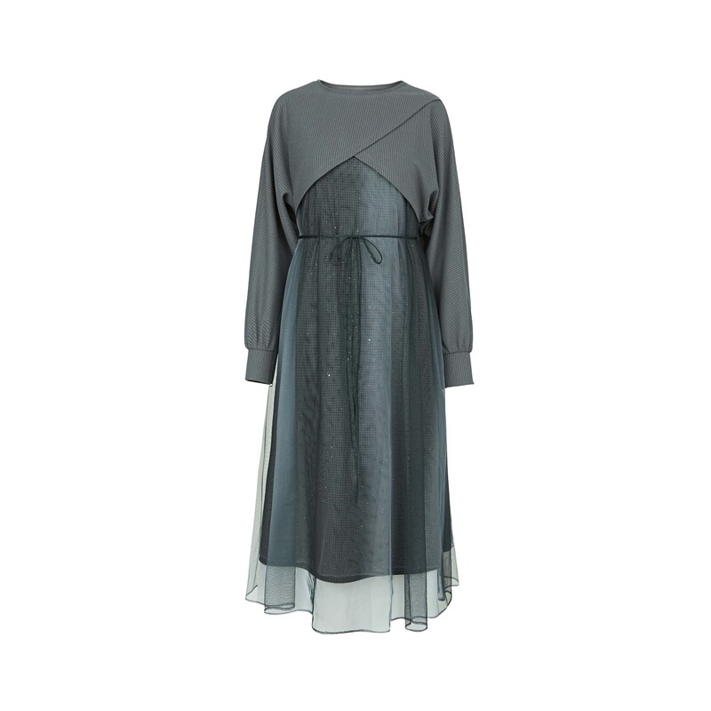 S·DEER圣迪奥复古时尚气质优雅晕染收腰网纱连衣裙套装S24161403