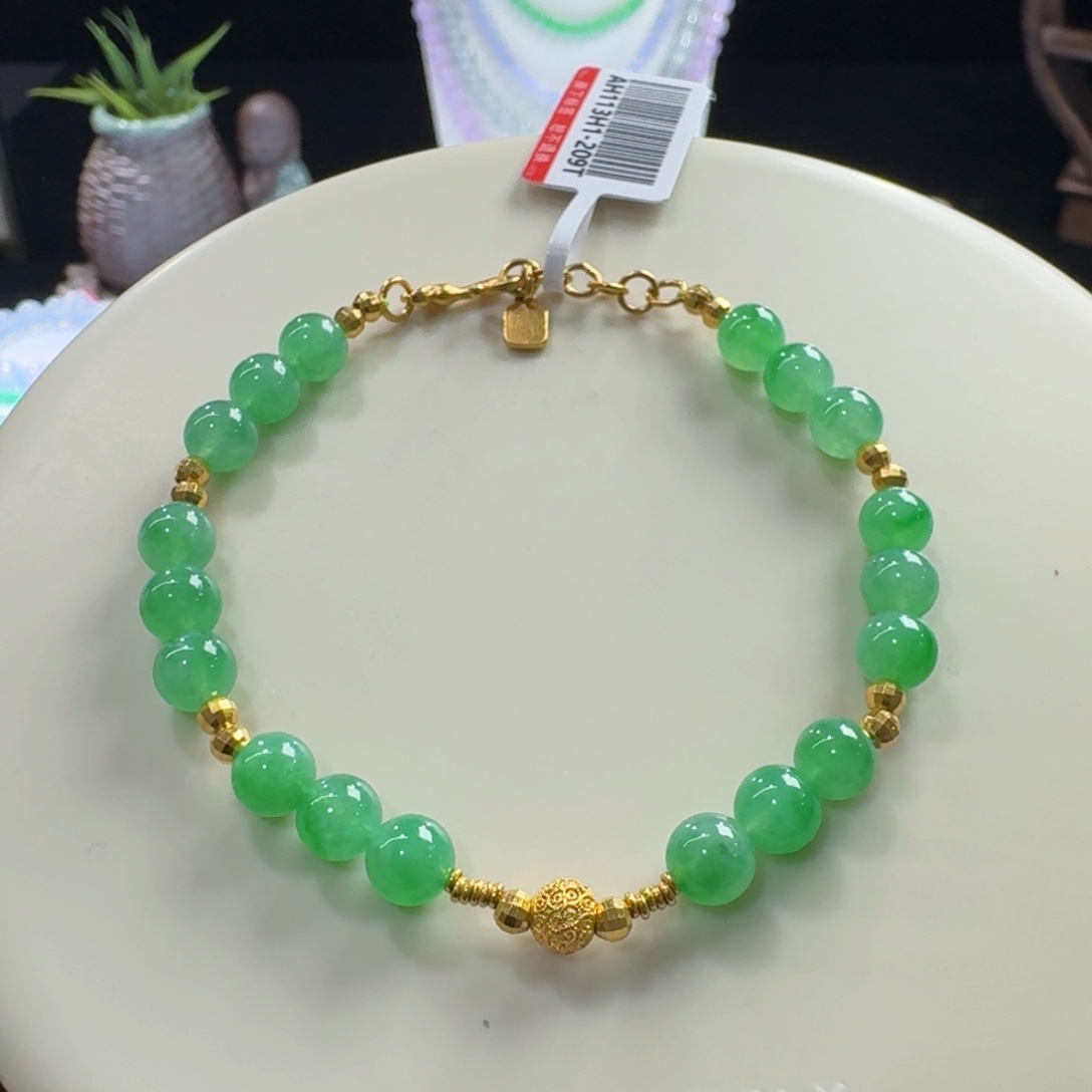 足金镶嵌手链翡翠冰种阳绿盘缠6mm(足金3克)