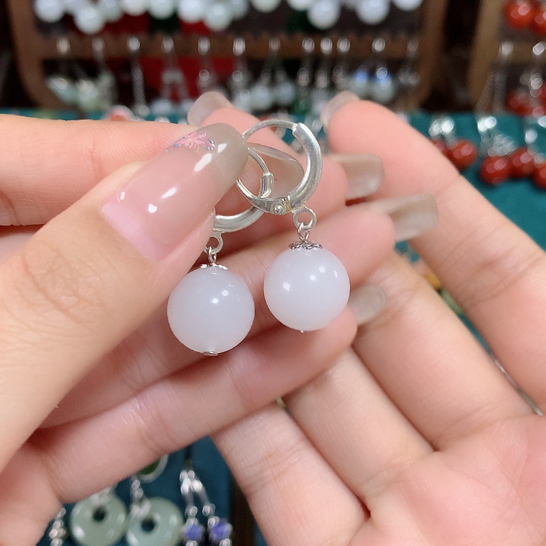 石英质玉（金丝玉）耳饰银S925镶嵌卡12左右