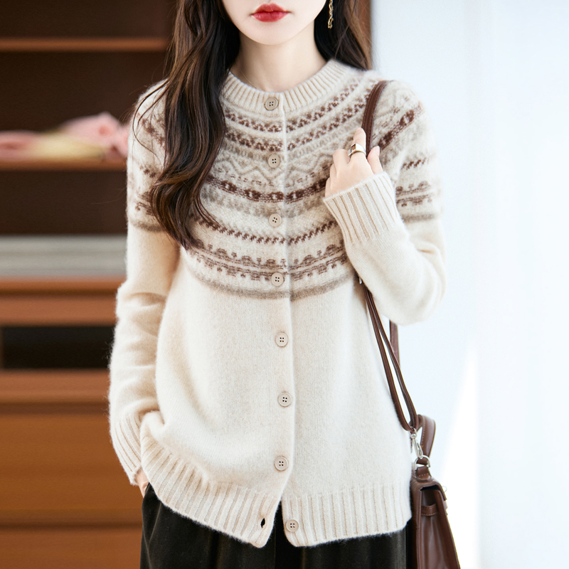 复古提花费尔岛~100%羊毛衫七针加厚圆领女宽松百搭针织开衫外套