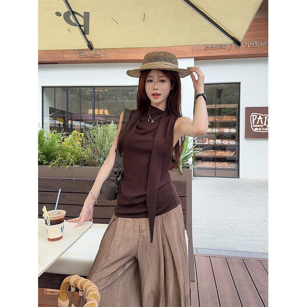 不对称美学 飘带极简背心式上衣咖色扎染长裤套装21932#