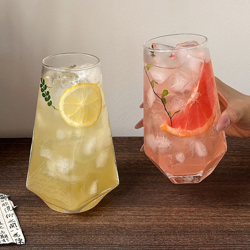 ins风菱角玻璃杯 网红餐厅水果茶杯苏打气泡水杯冷饮料杯喝水杯子