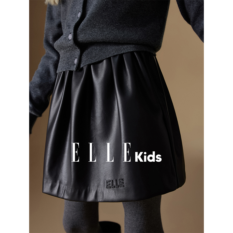 ELLE KIDS童装 时尚简约百搭花苞皮半裙PU皮短款松紧腰N1