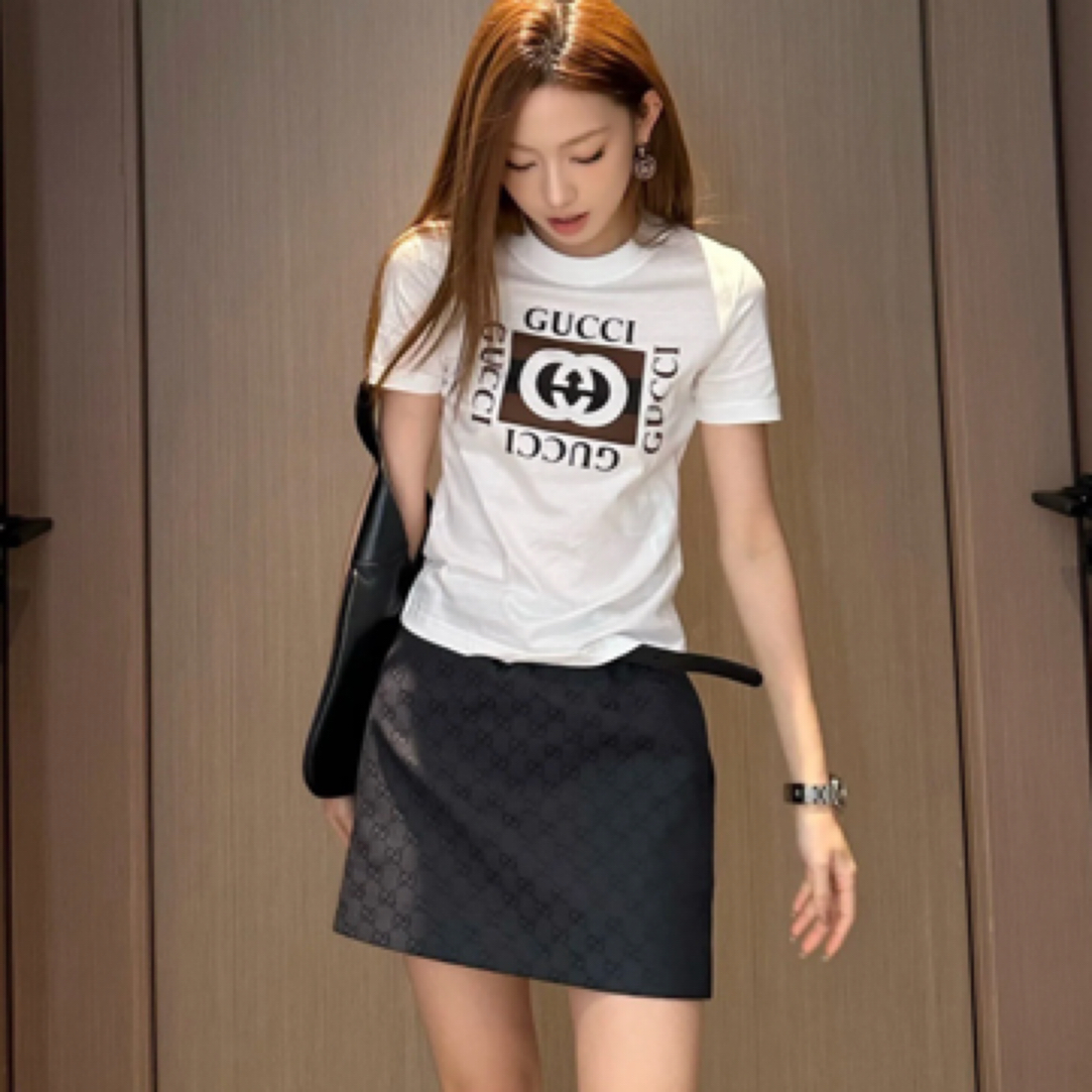 99新 GUCCI/古驰 WX109727/走秀款经典双C白色短袖/尺码L/