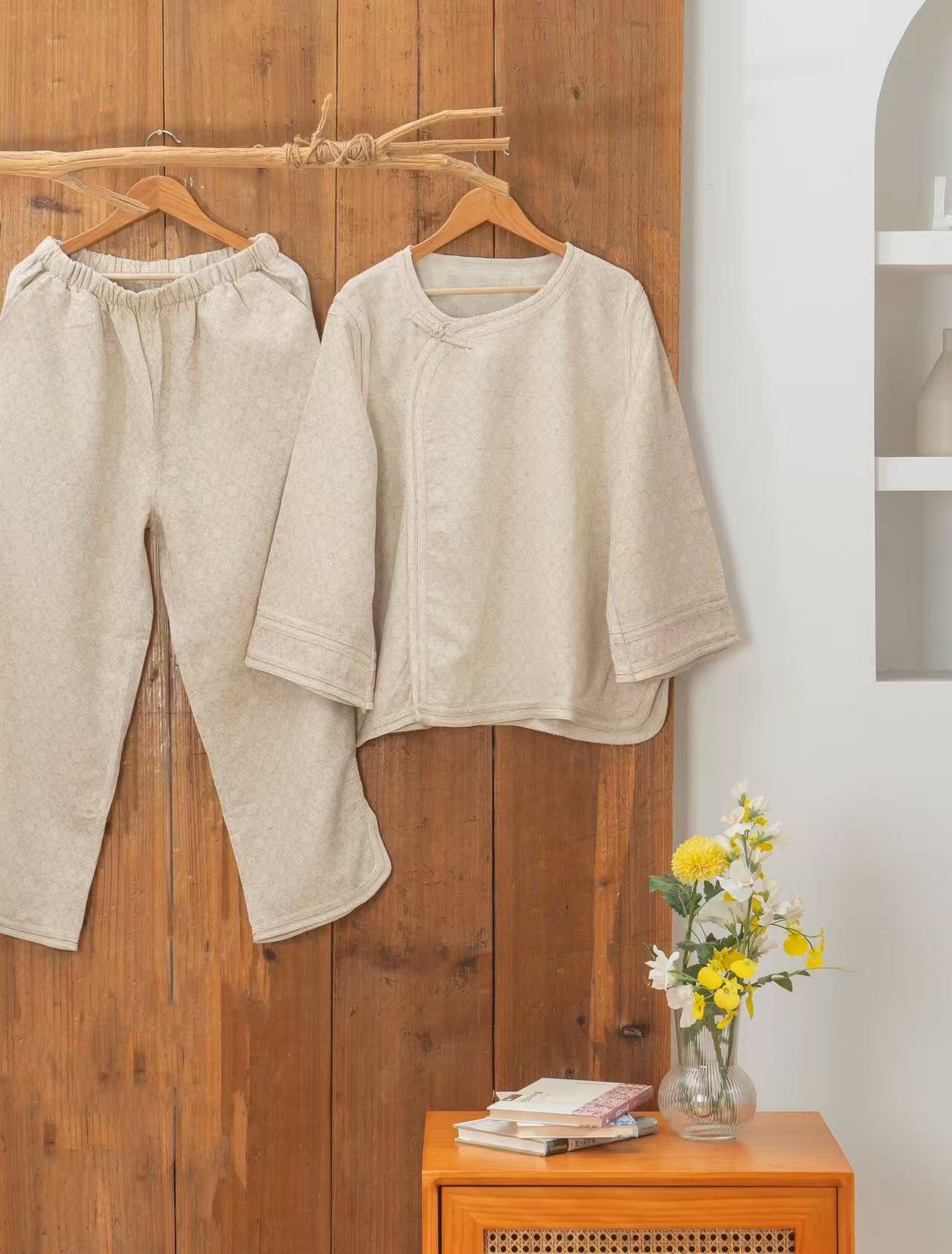 亚麻轻奢文艺慵懒风新中式猫眼棉麻家居服套装休闲长袖秋冬时尚